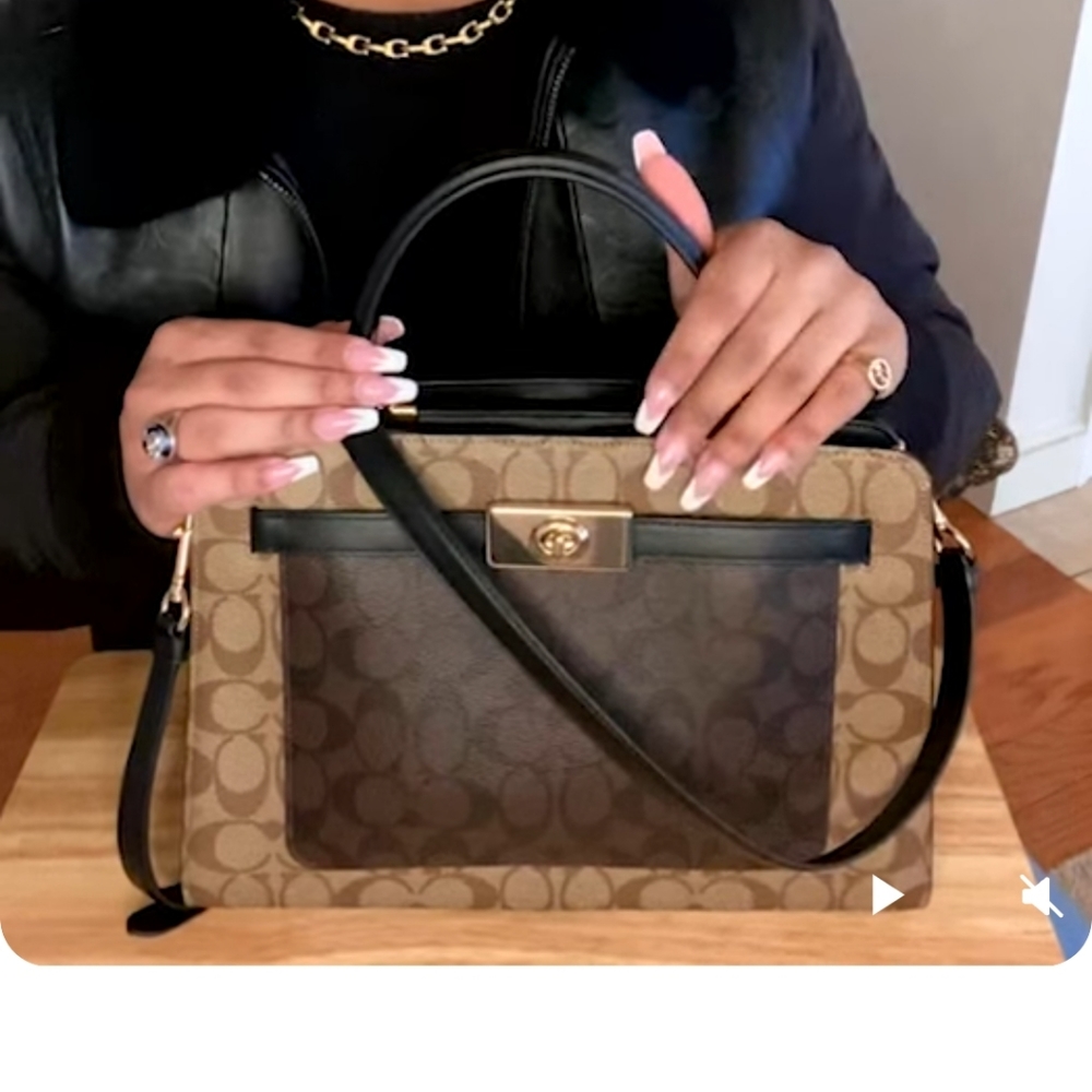 COACH Handbag Leather Lane Carryall Blocked Signature Canvas Brown AUTHENTIC NWT